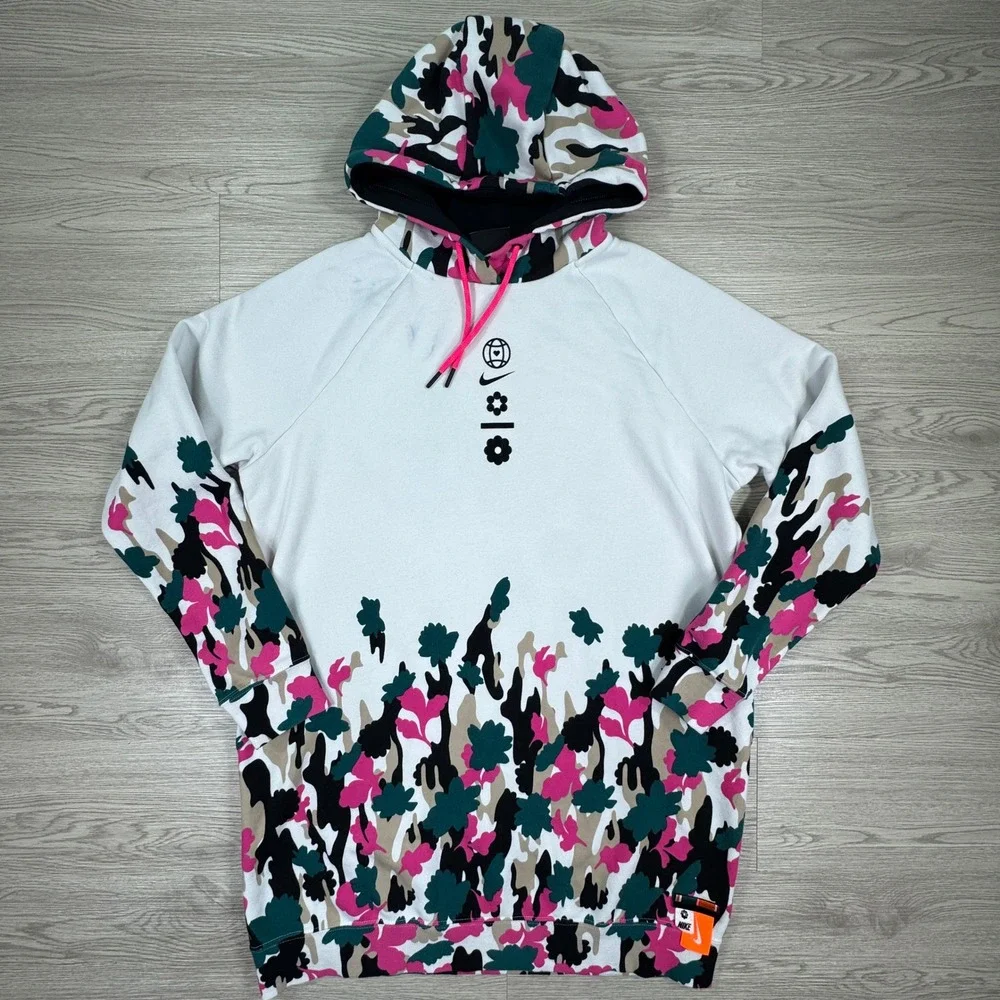 Nike Women's Hoodie Floral Camo Pullover White Pink Green Medium Fleece Graphic